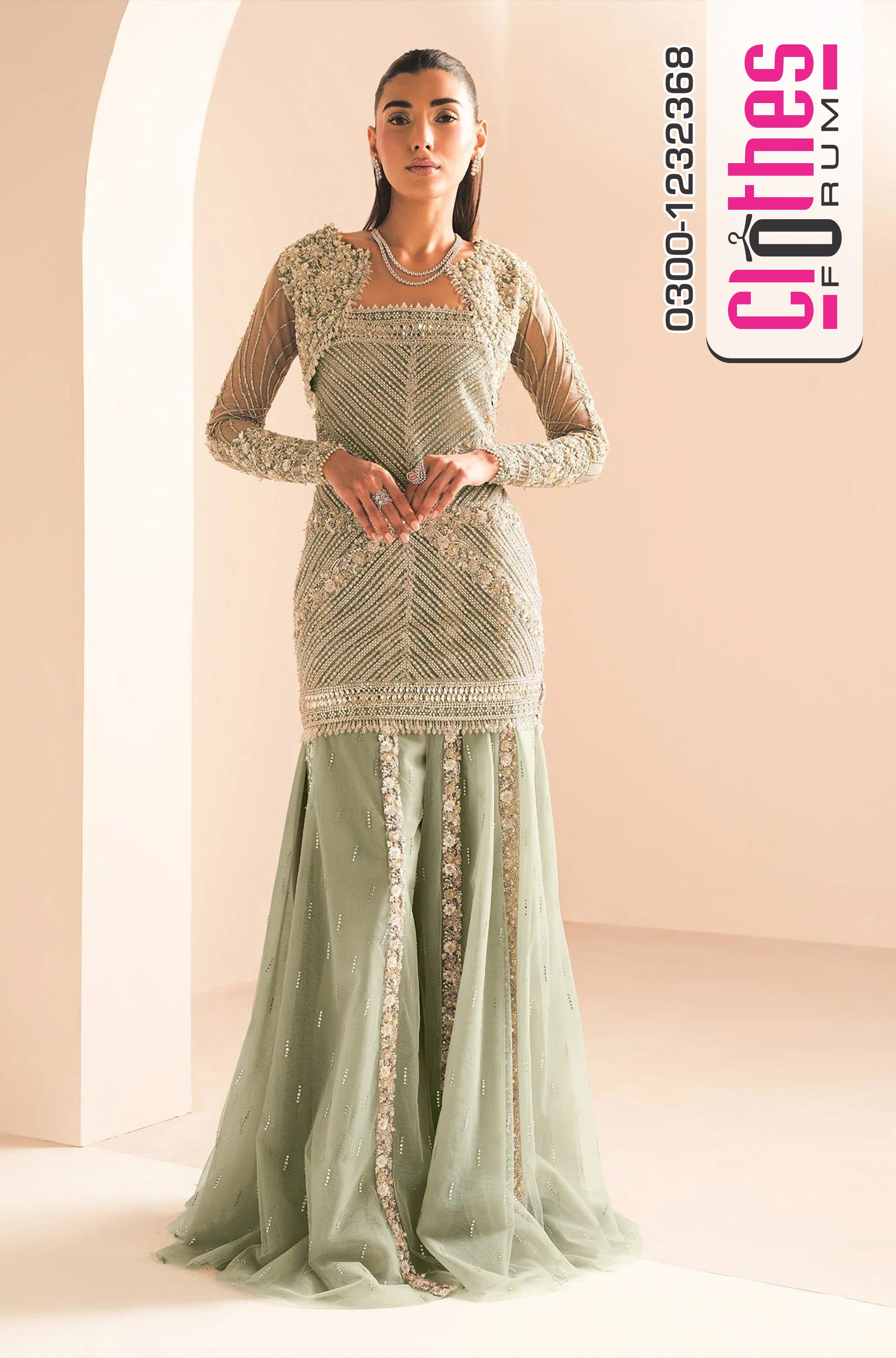 Saira Shakira Pistachio Green Luxury Wedding Formal – Embroidered Net Ensemble