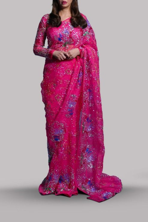 Inspired by Muse Camellia Pink Embellished Organza Handmade Saree