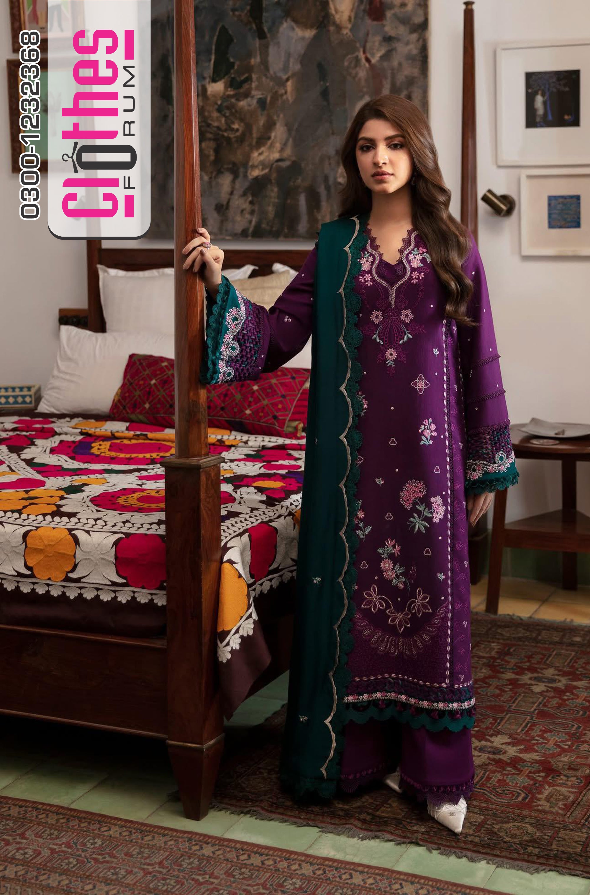 Majestic Purple & Green Embroidered Luxury Winter Ensemble By Republic Womenswear