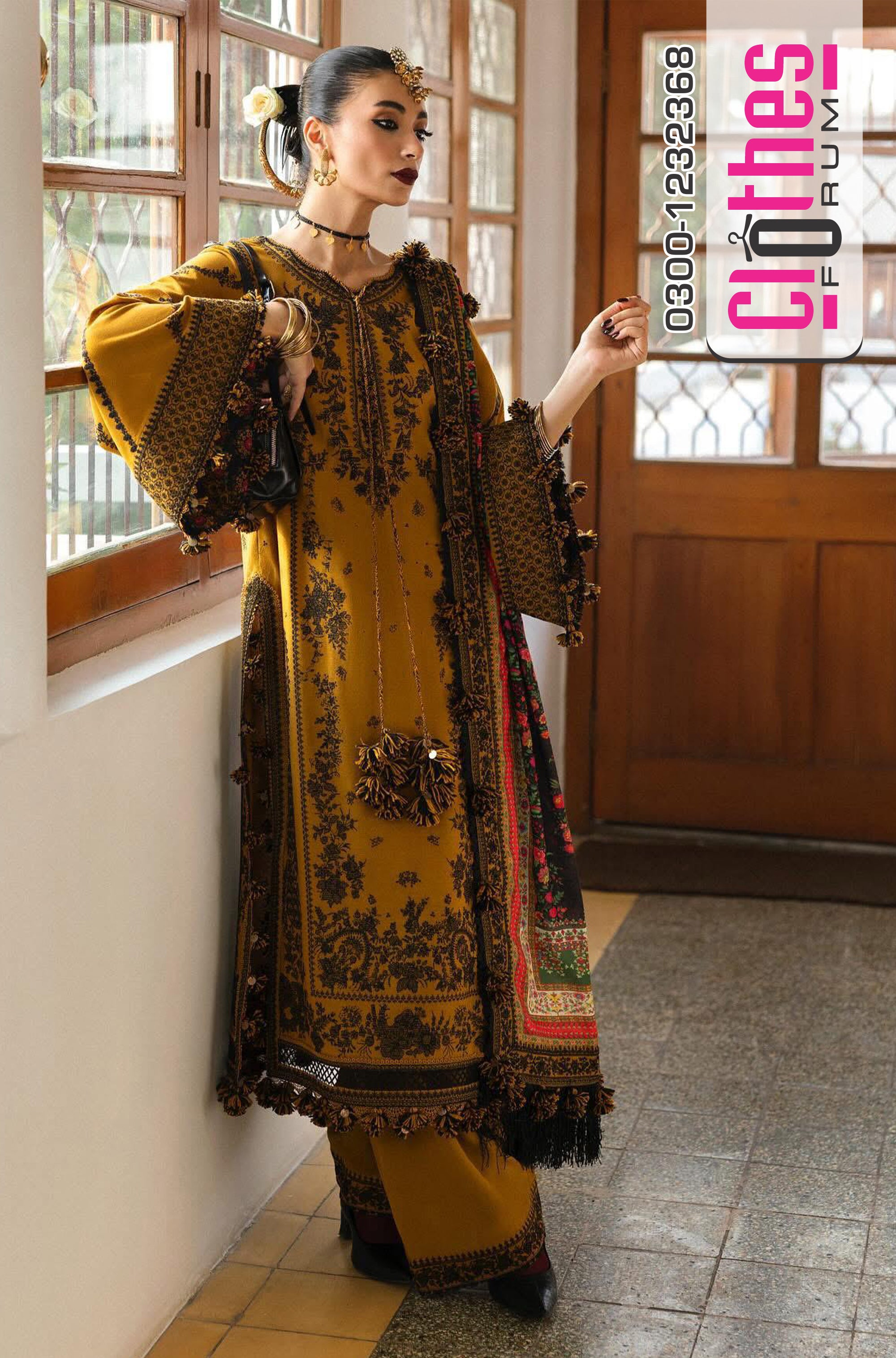 Hussain Rehar Mustard Yellow Karandi Ensemble – Winter Collection Elegance