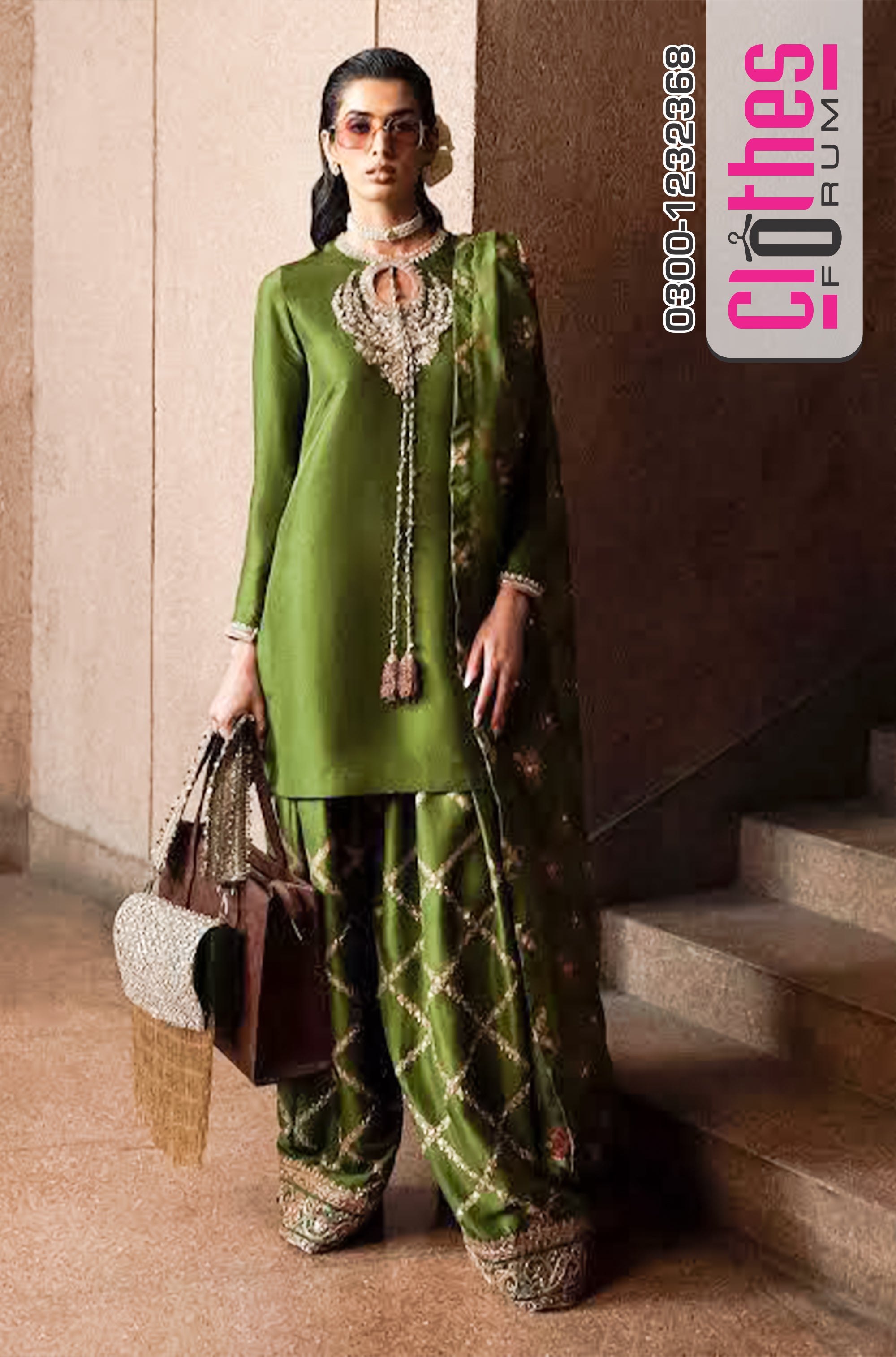 Hussain Rehar Wedding Edition – Olive Green Raw Silk Glamour