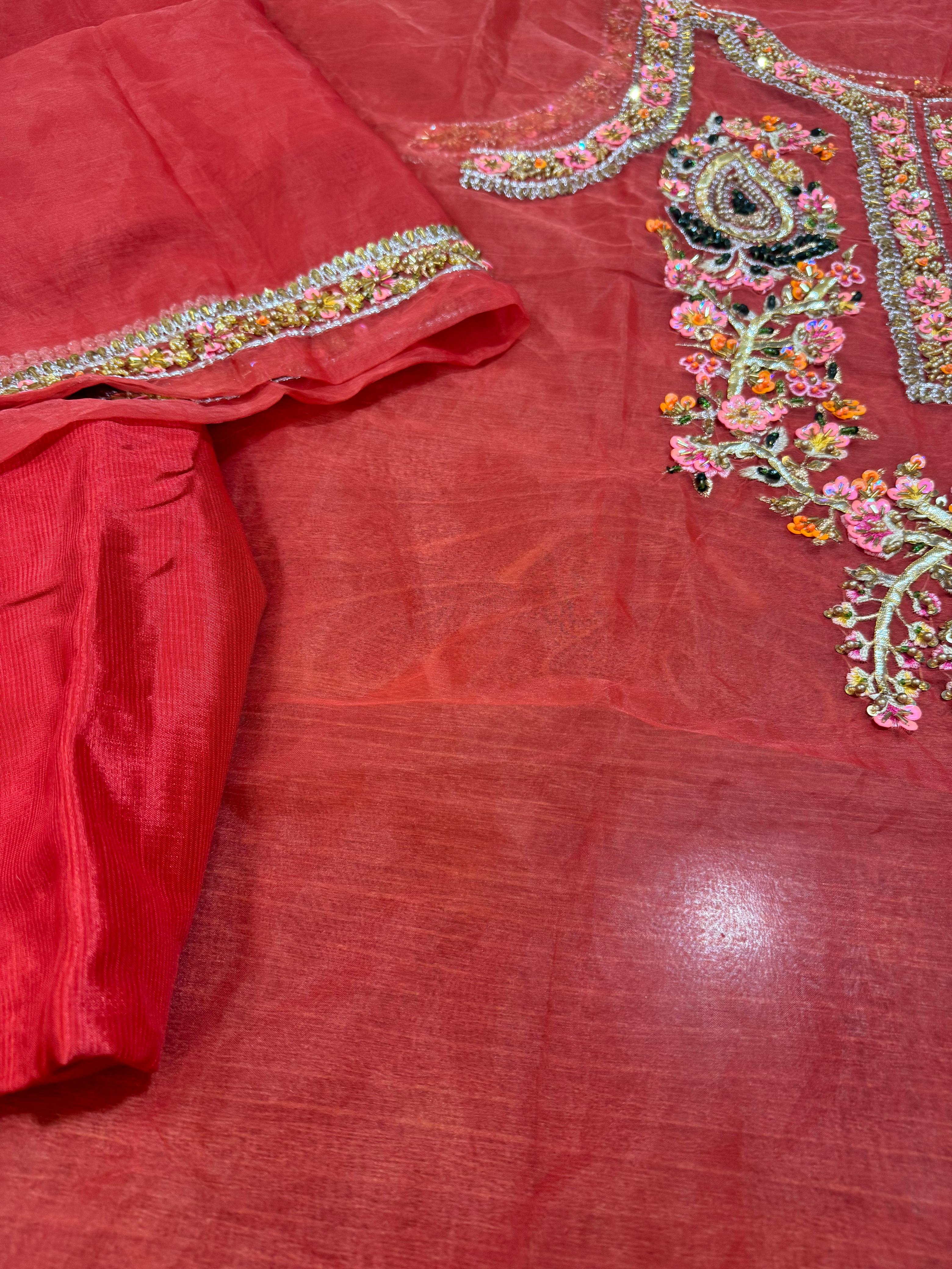 Regal Red Embroidered Organza 3-Piece Suit