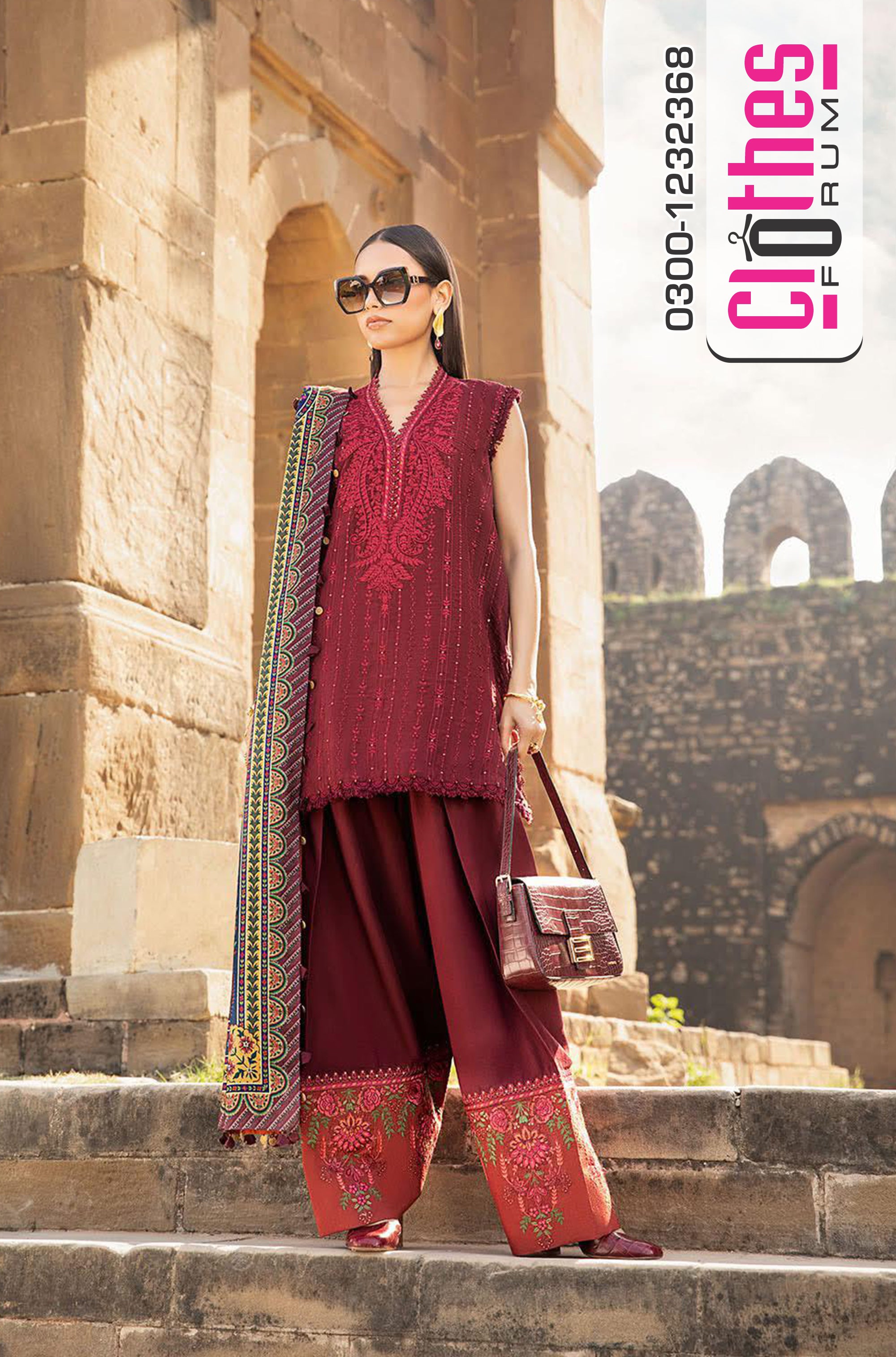 Maria B Mprint Winter Elegance – Festive Linen Ensemble in Deep Maroon