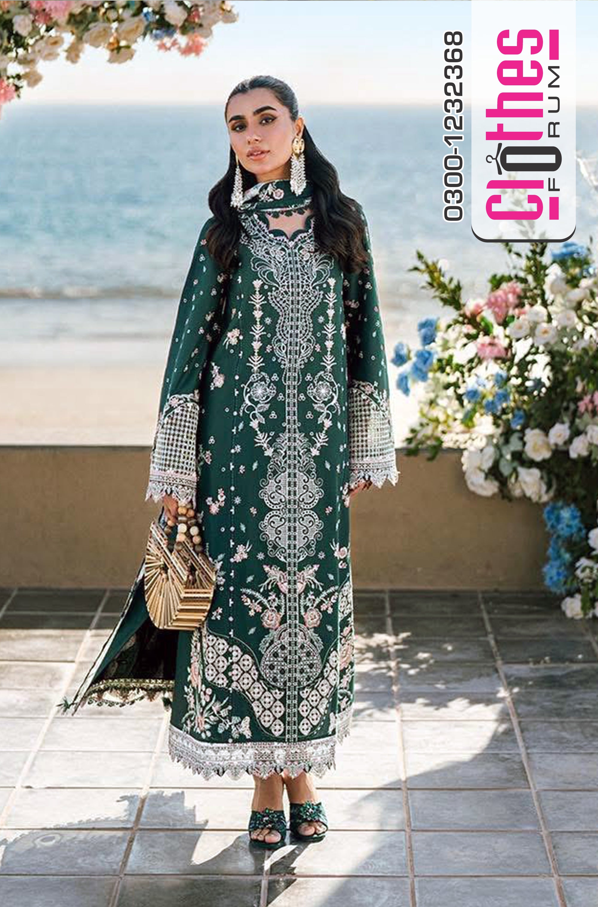 Qalamkar Luxury Lawn – Deep Emerald Elegance with Exquisite Embroidery