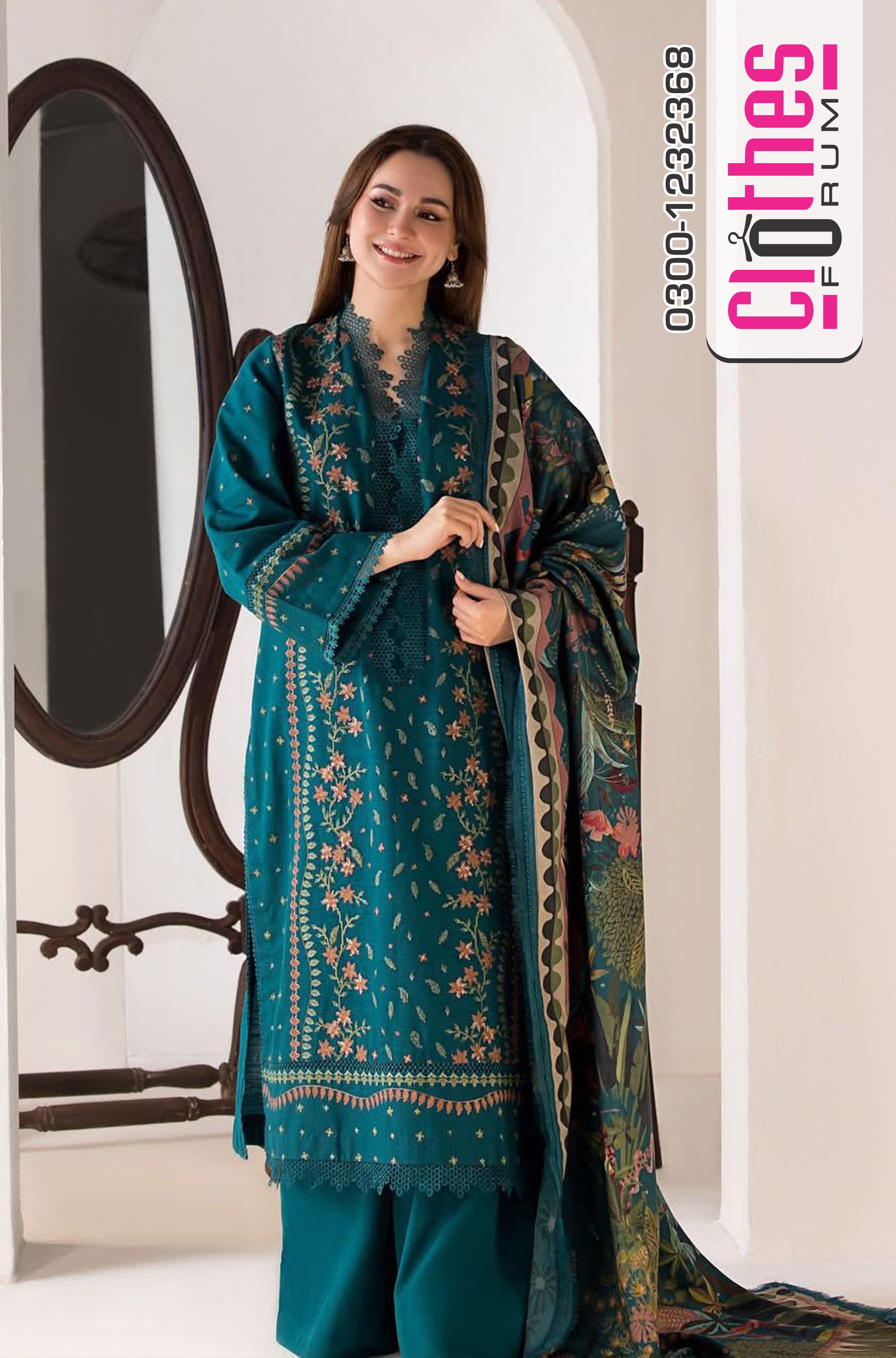 Sobia Nazir - Teal Blue Printed Winter Ensemble