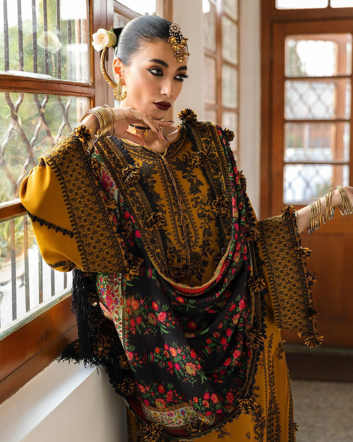 Hussain Rehar Mustard Yellow Karandi Ensemble – Winter Collection Elegance