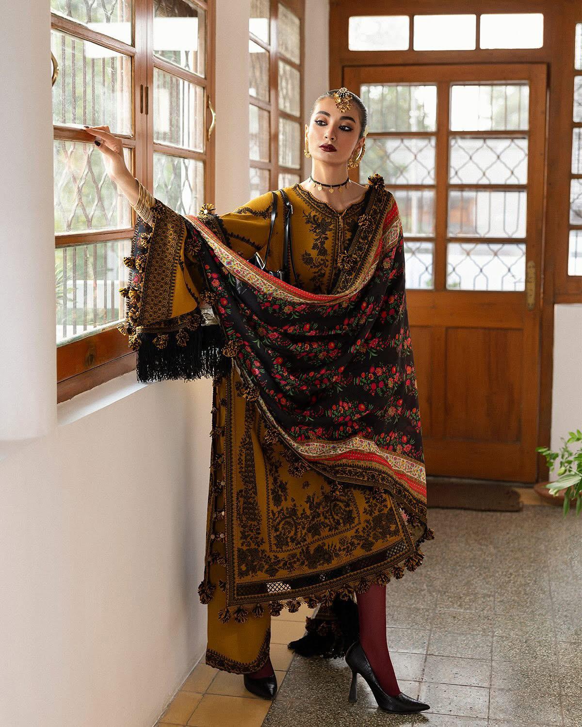 Hussain Rehar Mustard Yellow Karandi Ensemble – Winter Collection Elegance