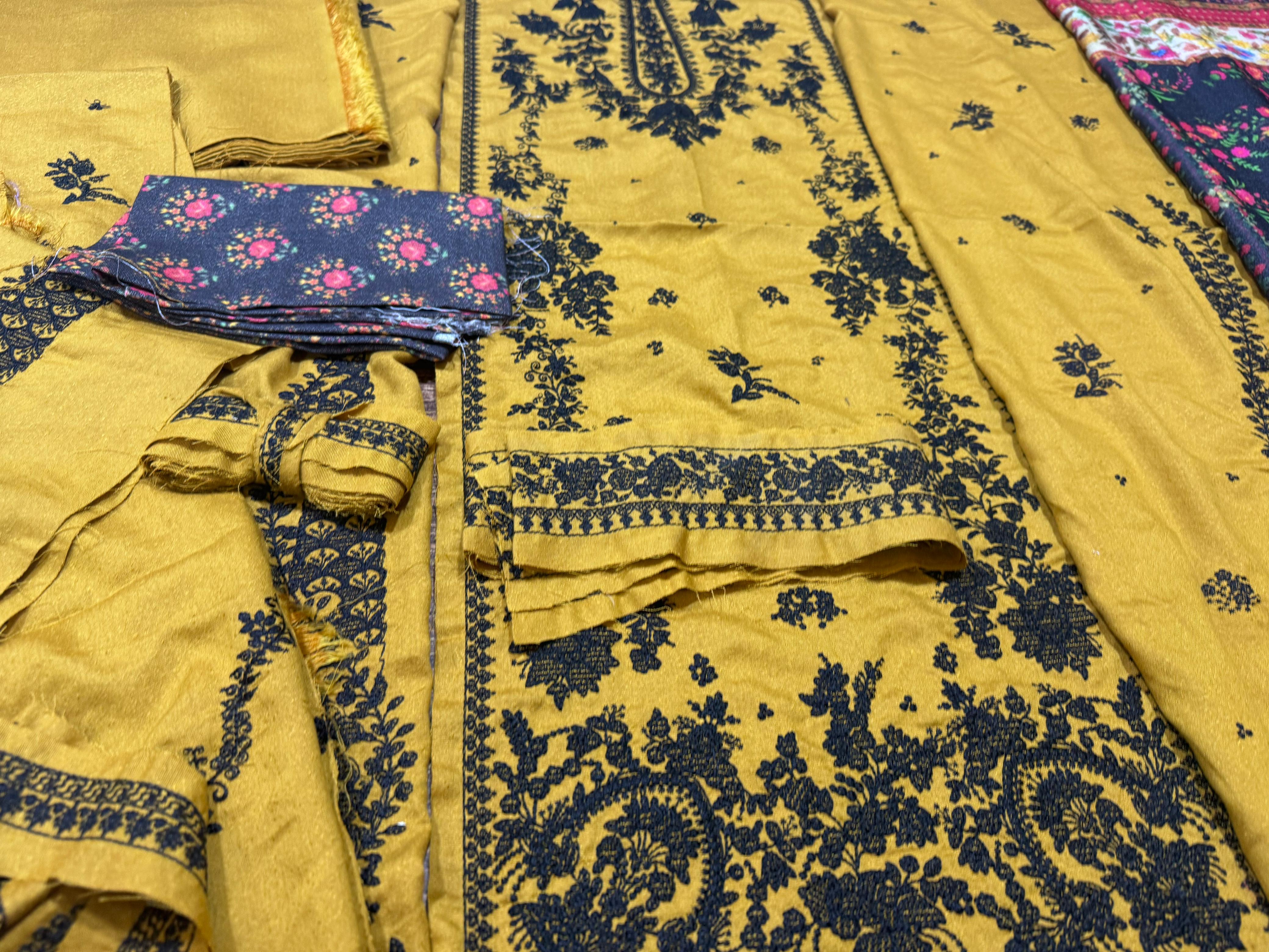 Hussain Rehar Mustard Yellow Karandi Ensemble – Winter Collection Elegance