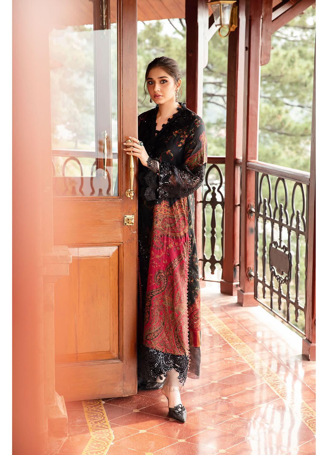 Luxurious Black & Multi Khaddar Wool Winter Ensemble by Maria B