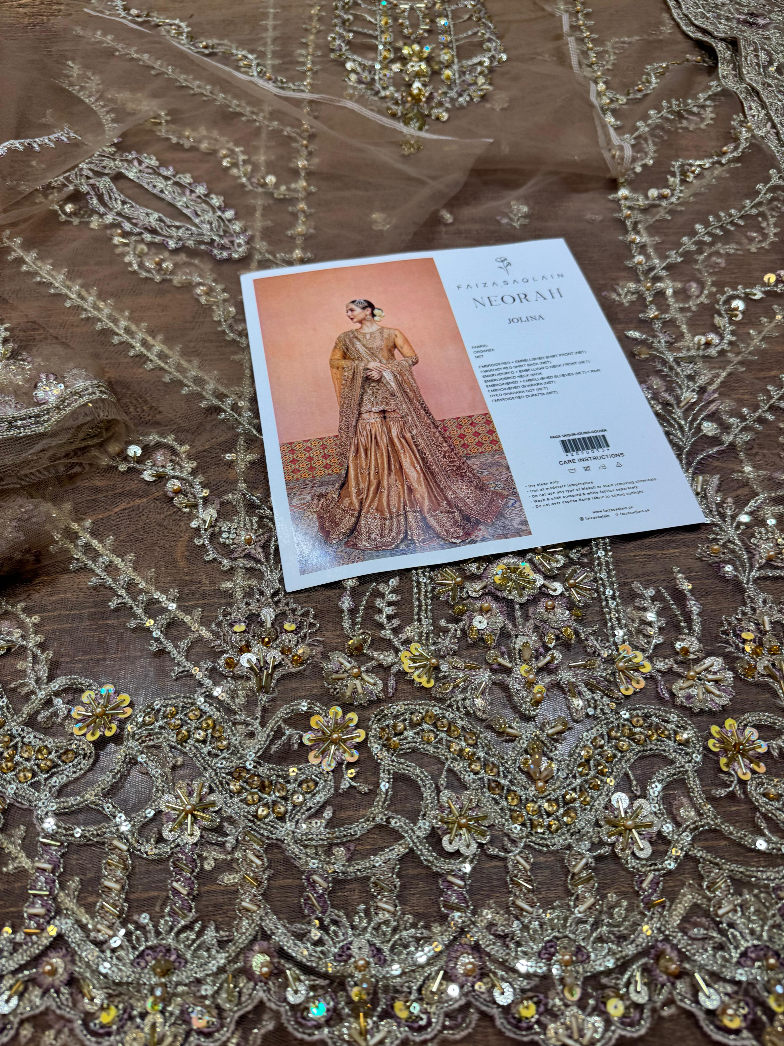 Radiant Gold Gharara Set by Faiza Saqlain – A Wedding Masterpiece