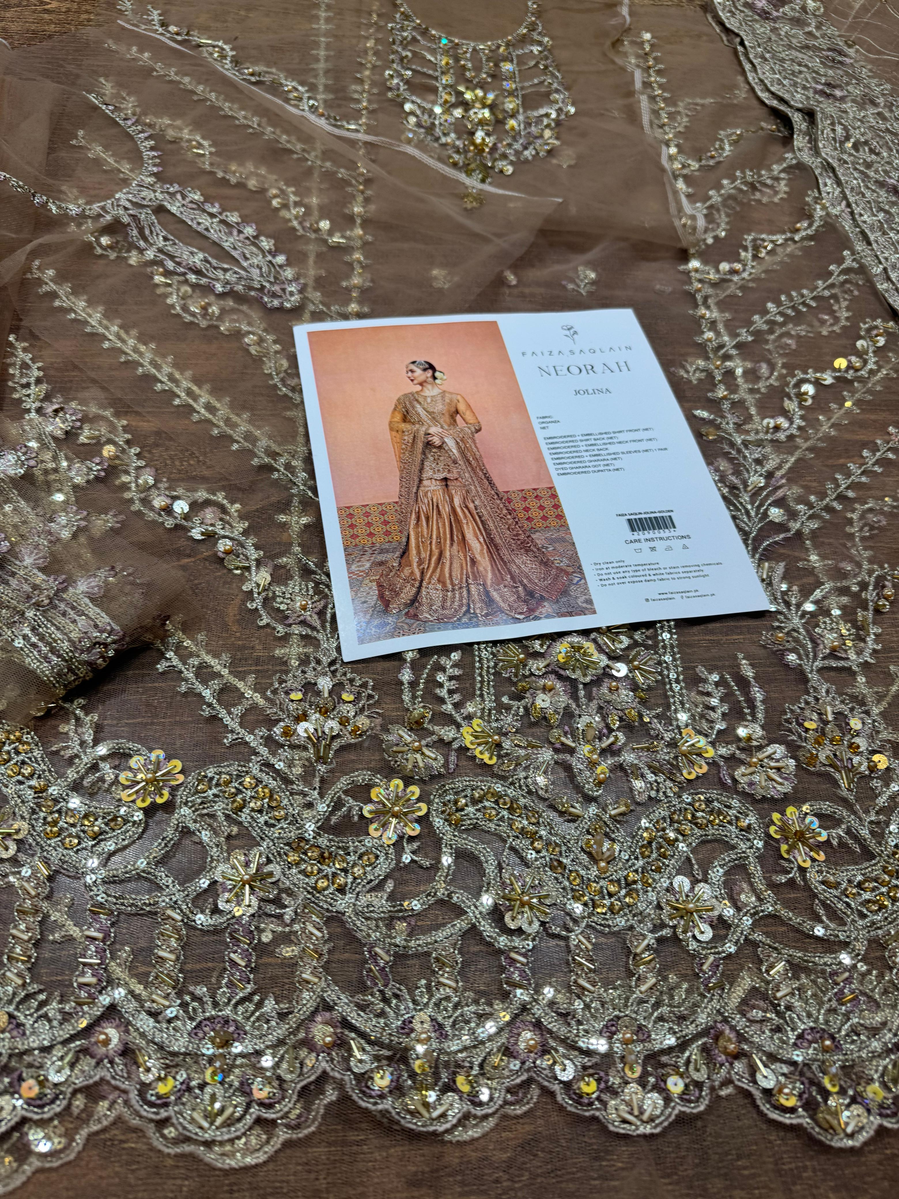 Radiant Gold Gharara Set by Faiza Saqlain – A Wedding Masterpiece