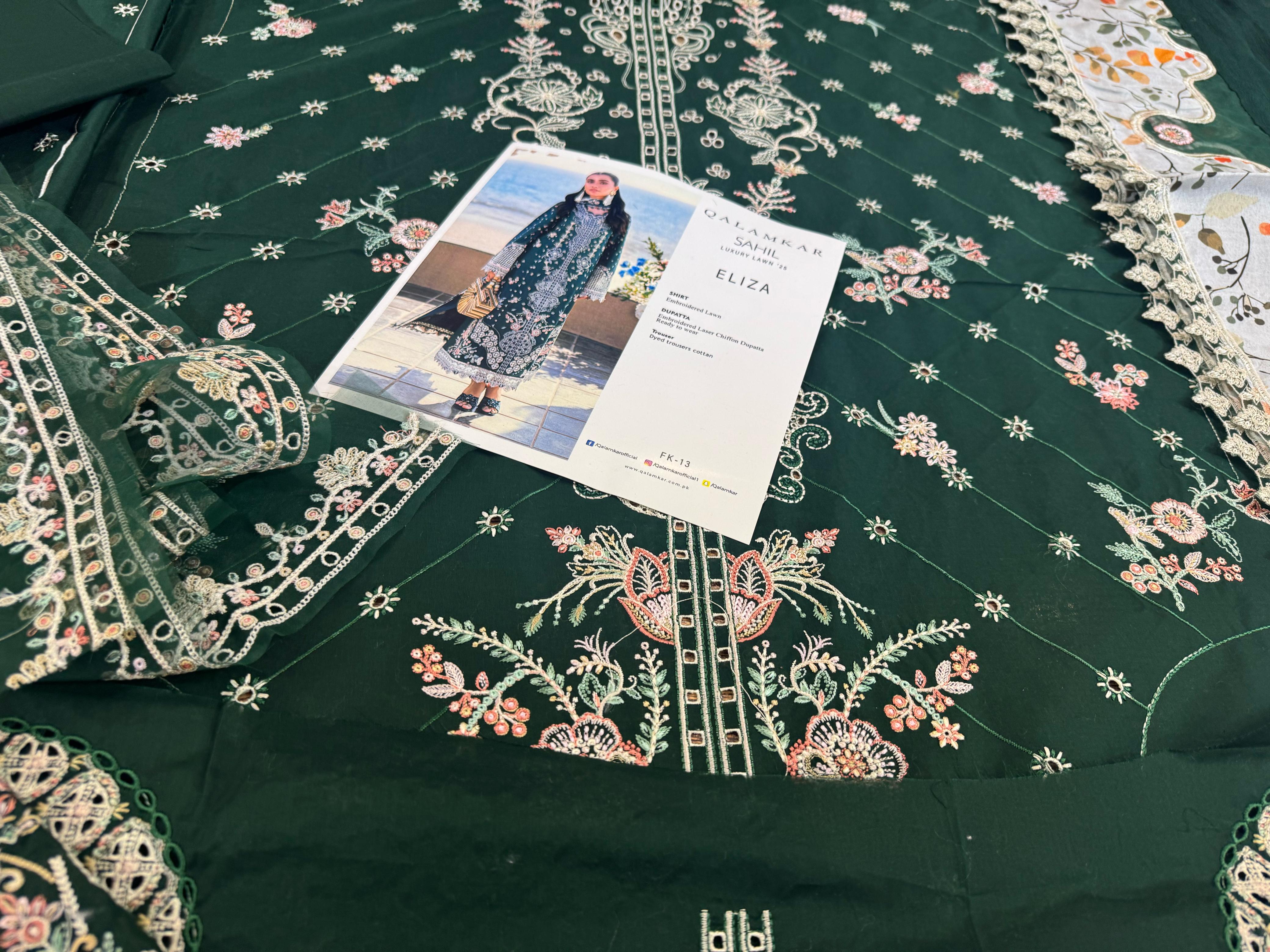 Qalamkar Luxury Lawn – Deep Emerald Elegance with Exquisite Embroidery