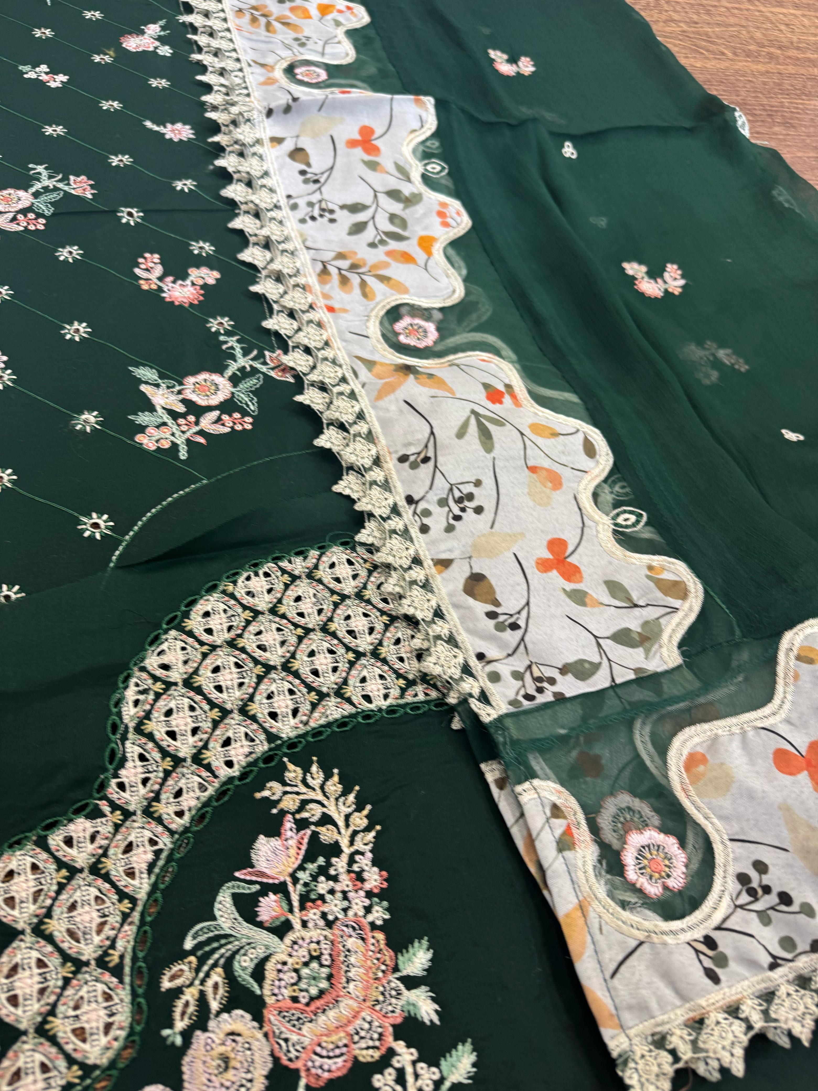 Qalamkar Luxury Lawn – Deep Emerald Elegance with Exquisite Embroidery