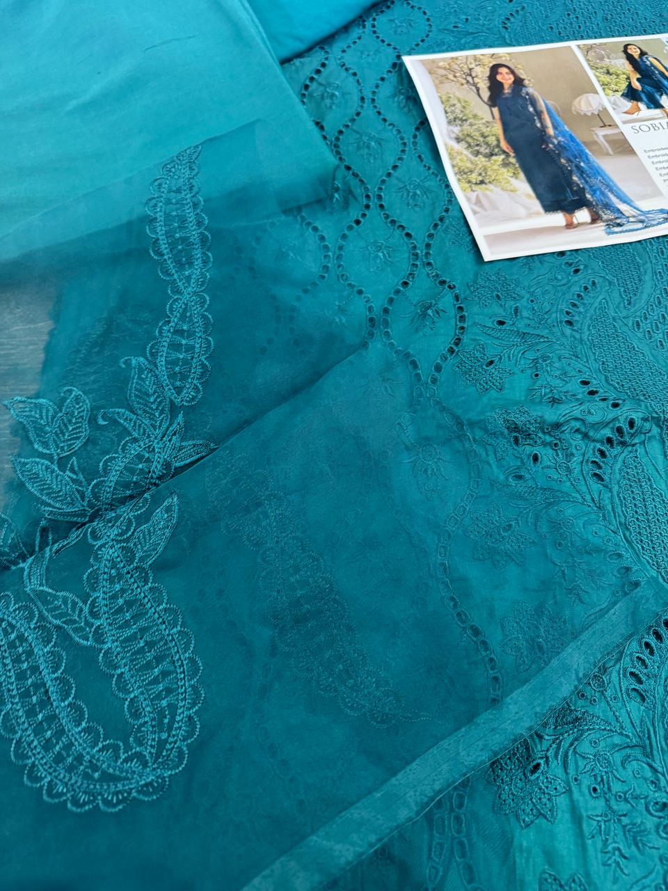 Sobia Nazir Luxury Lawn – Teal Elegance Unstitched Ensemble