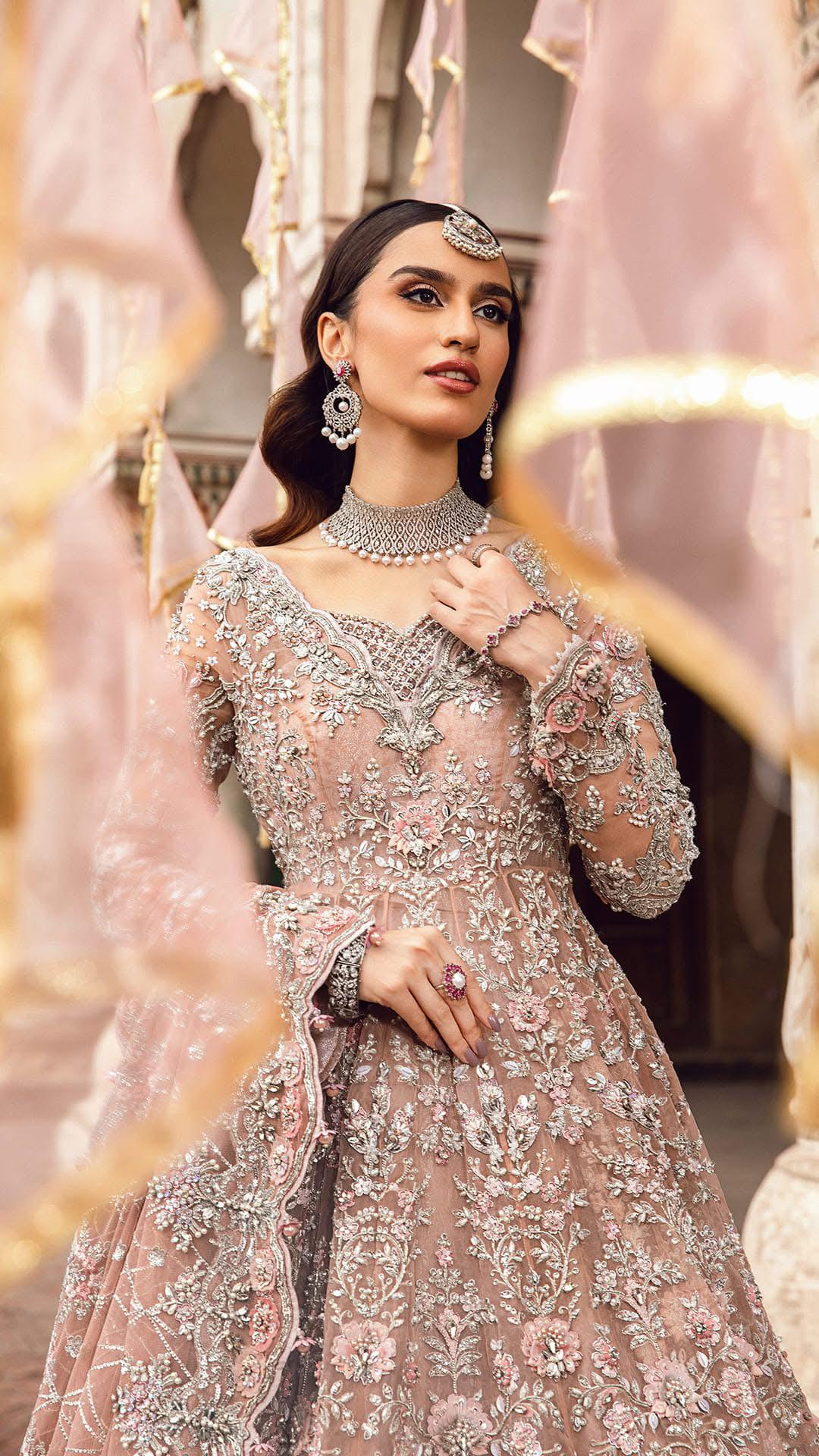 Maria B Nude Pink Lawn Ensemble – Organza Frock with KamKhwab Lehenga