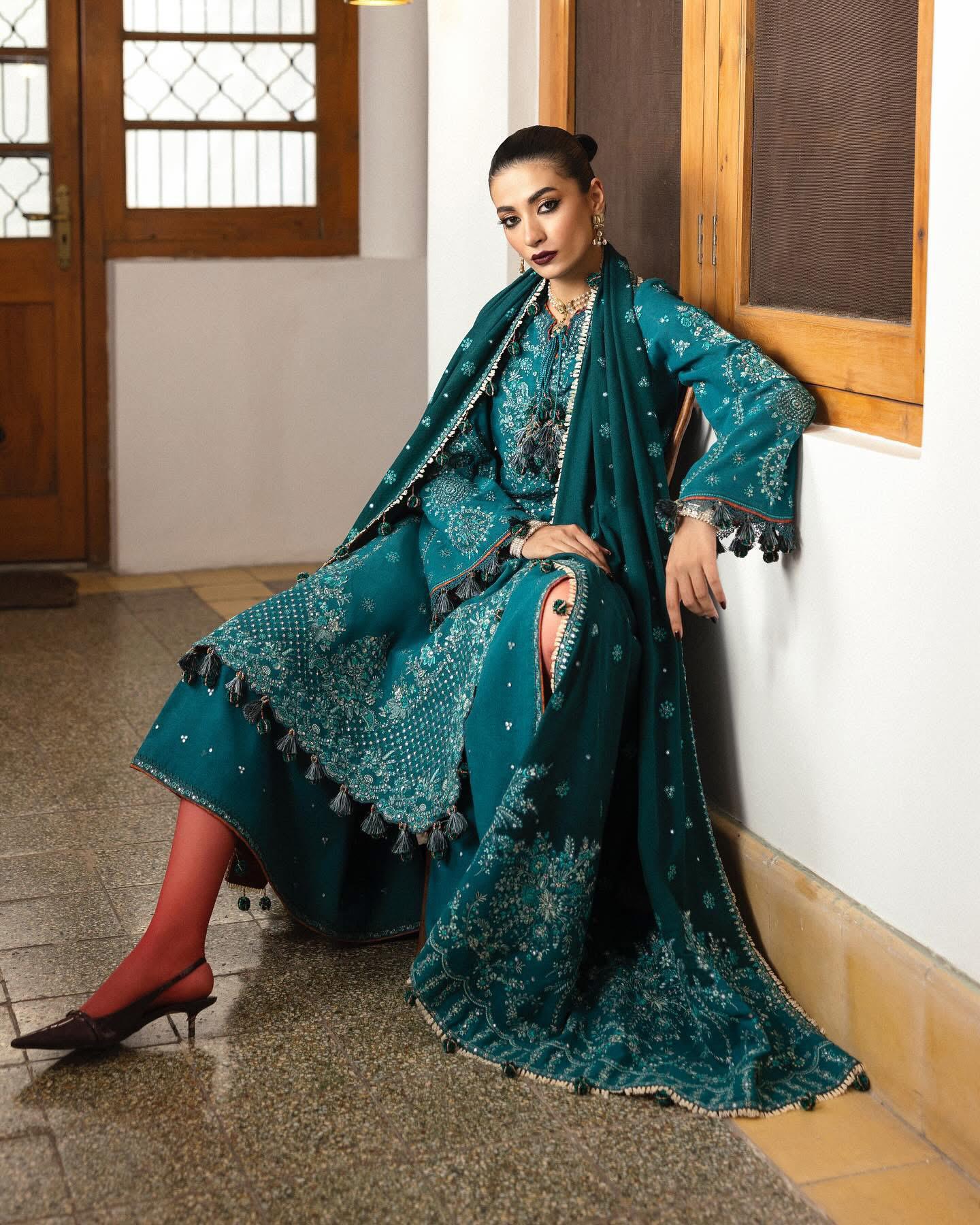 Hussain Rehar - Teal Green Embroidered Karandi Winter Suit