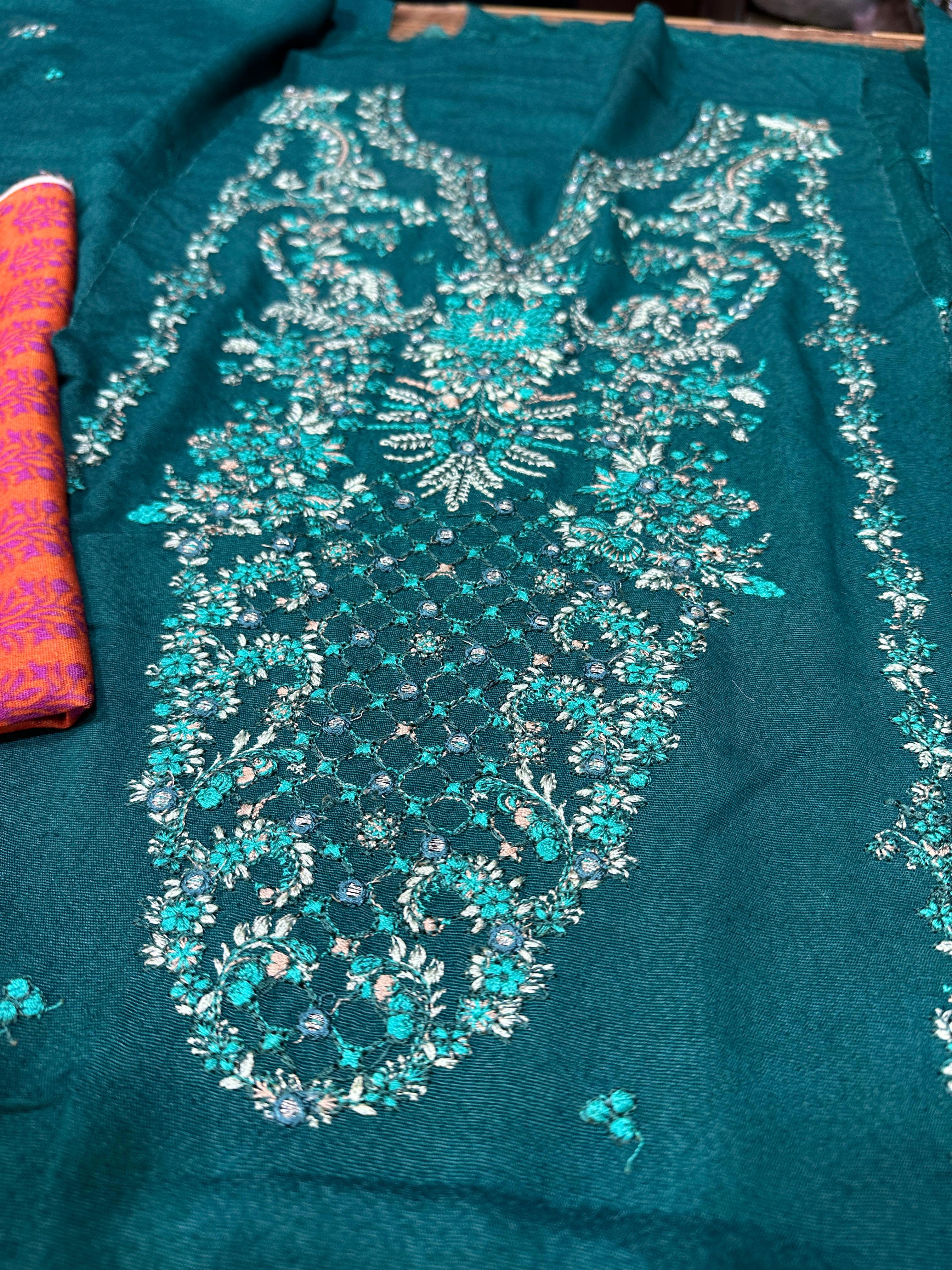 Hussain Rehar - Teal Green Embroidered Karandi Winter Suit