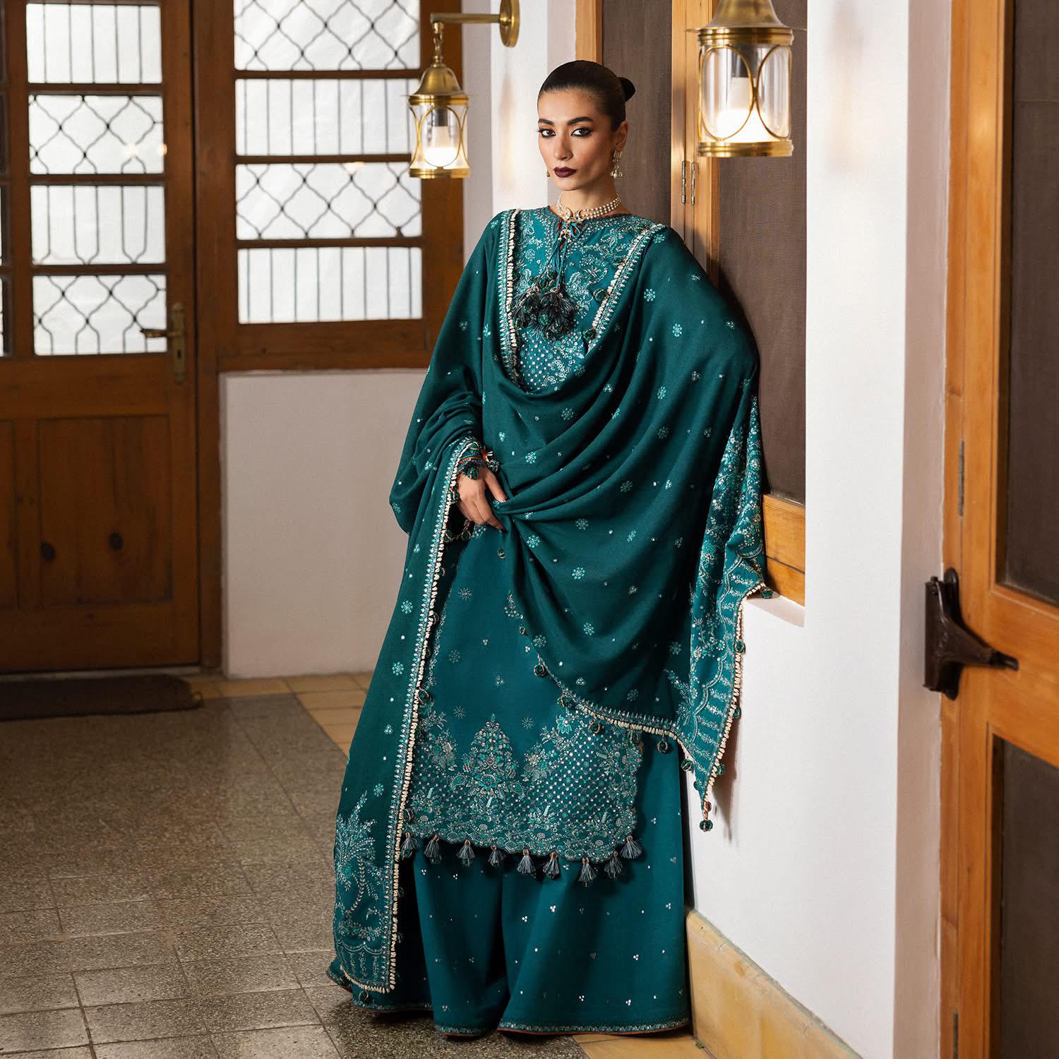 Hussain Rehar - Teal Green Embroidered Karandi Winter Suit