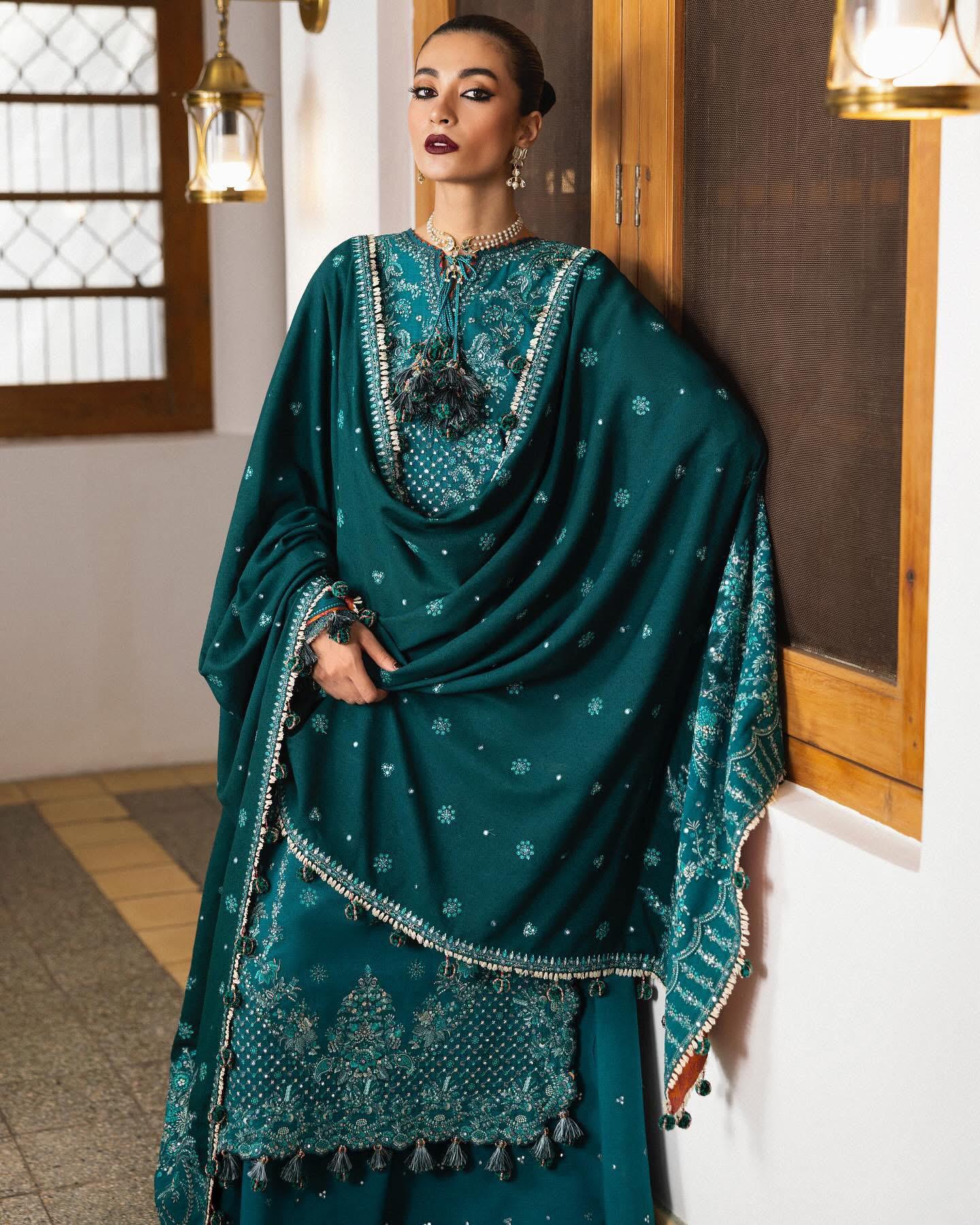 Hussain Rehar - Teal Green Embroidered Karandi Winter Suit