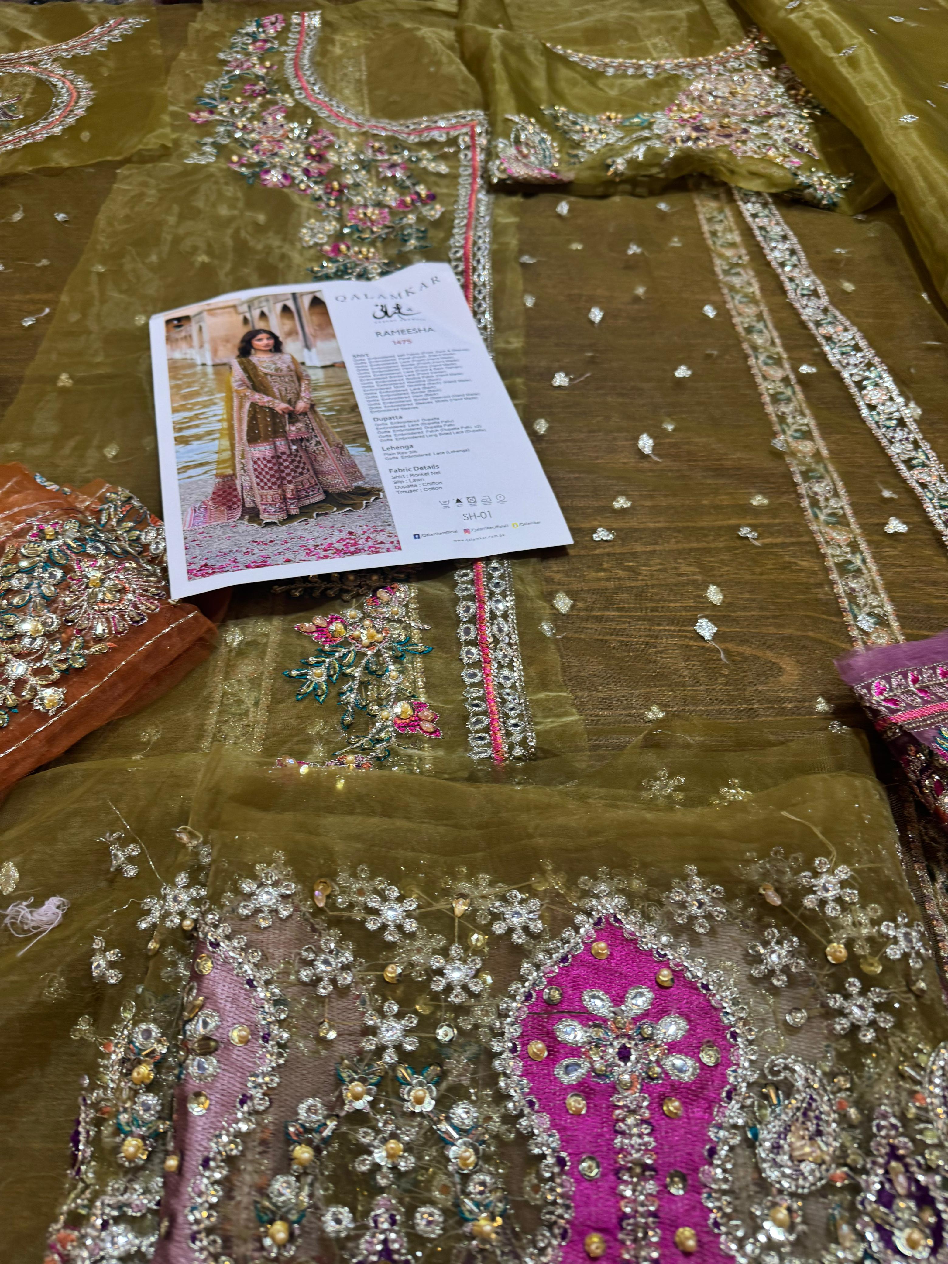 Qalamkar Luxe Festive Ensemble – Chiffon Elegance with 5-Yard Sharara