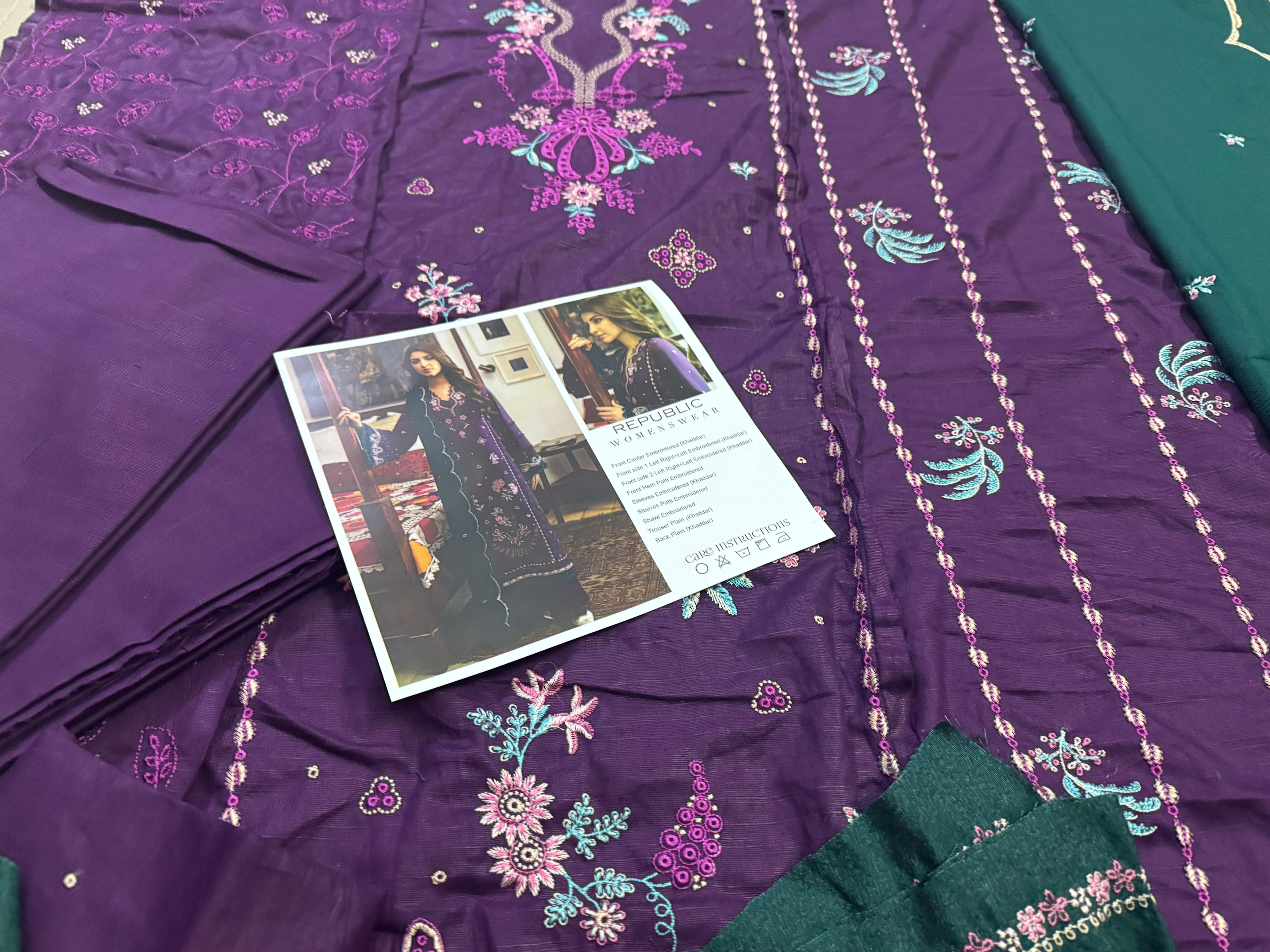 Majestic Purple & Green Embroidered Luxury Winter Ensemble By Republic Womenswear