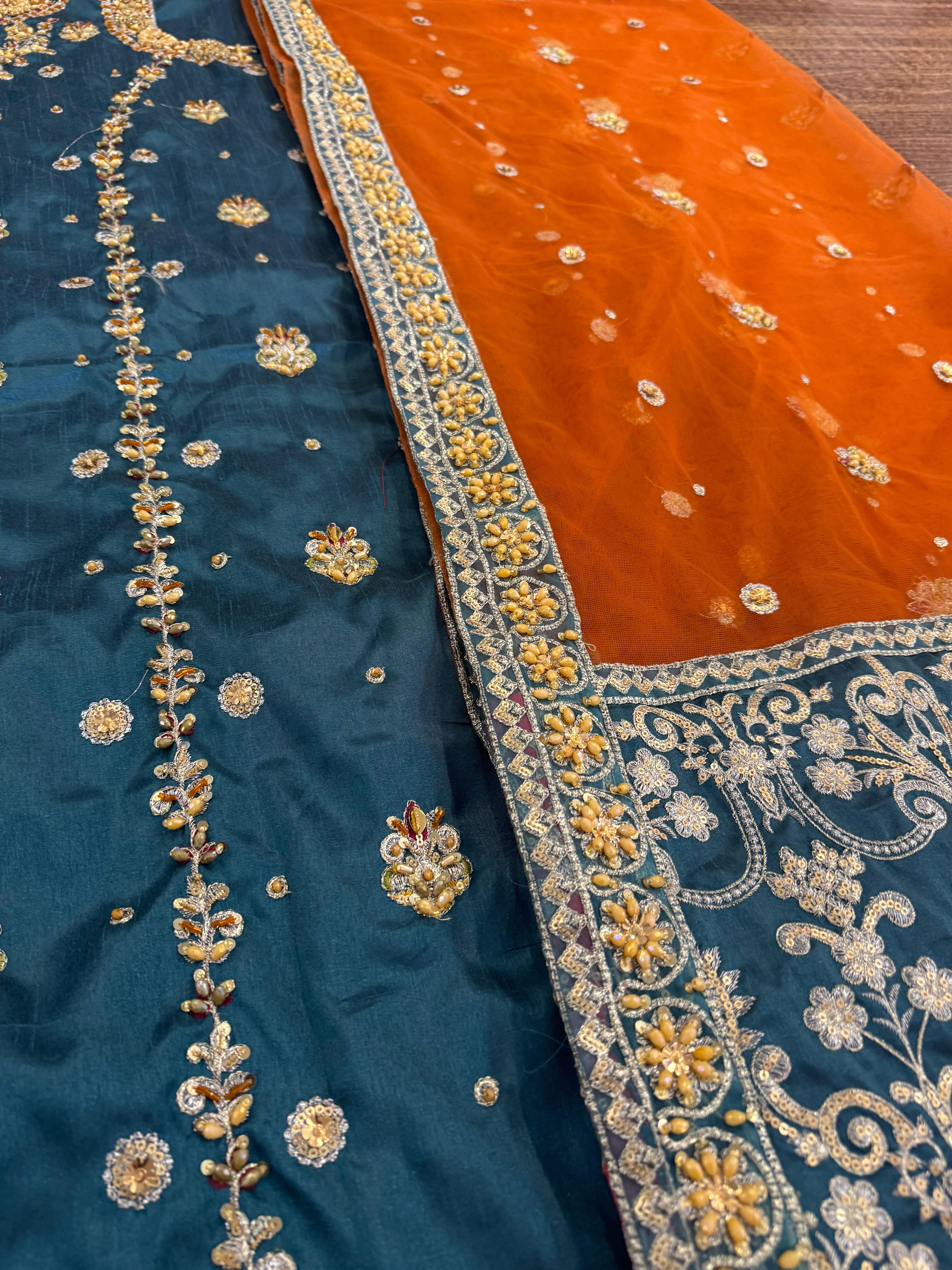 Haris Shakeel Teal Blue & Orange Luxury Bridal Couture – A Timeless Wedding Statement