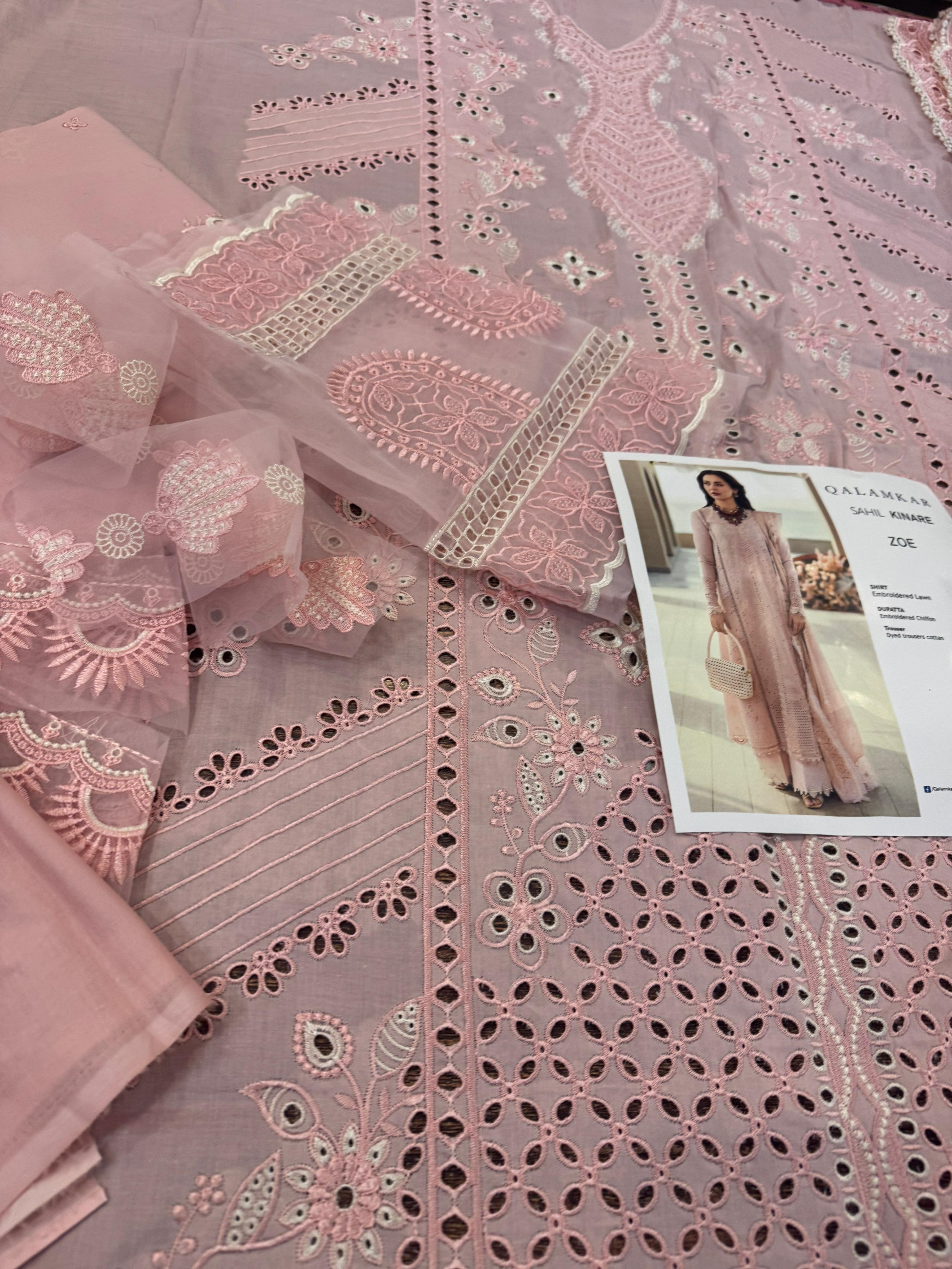 Qalamkar Luxury Lawn 2025 – Blush Pink Embroidered Summer Formal Dress