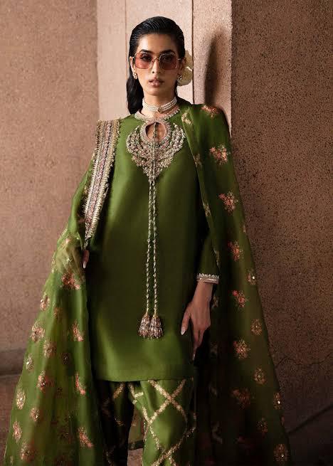 Hussain Rehar Wedding Edition – Olive Green Raw Silk Glamour