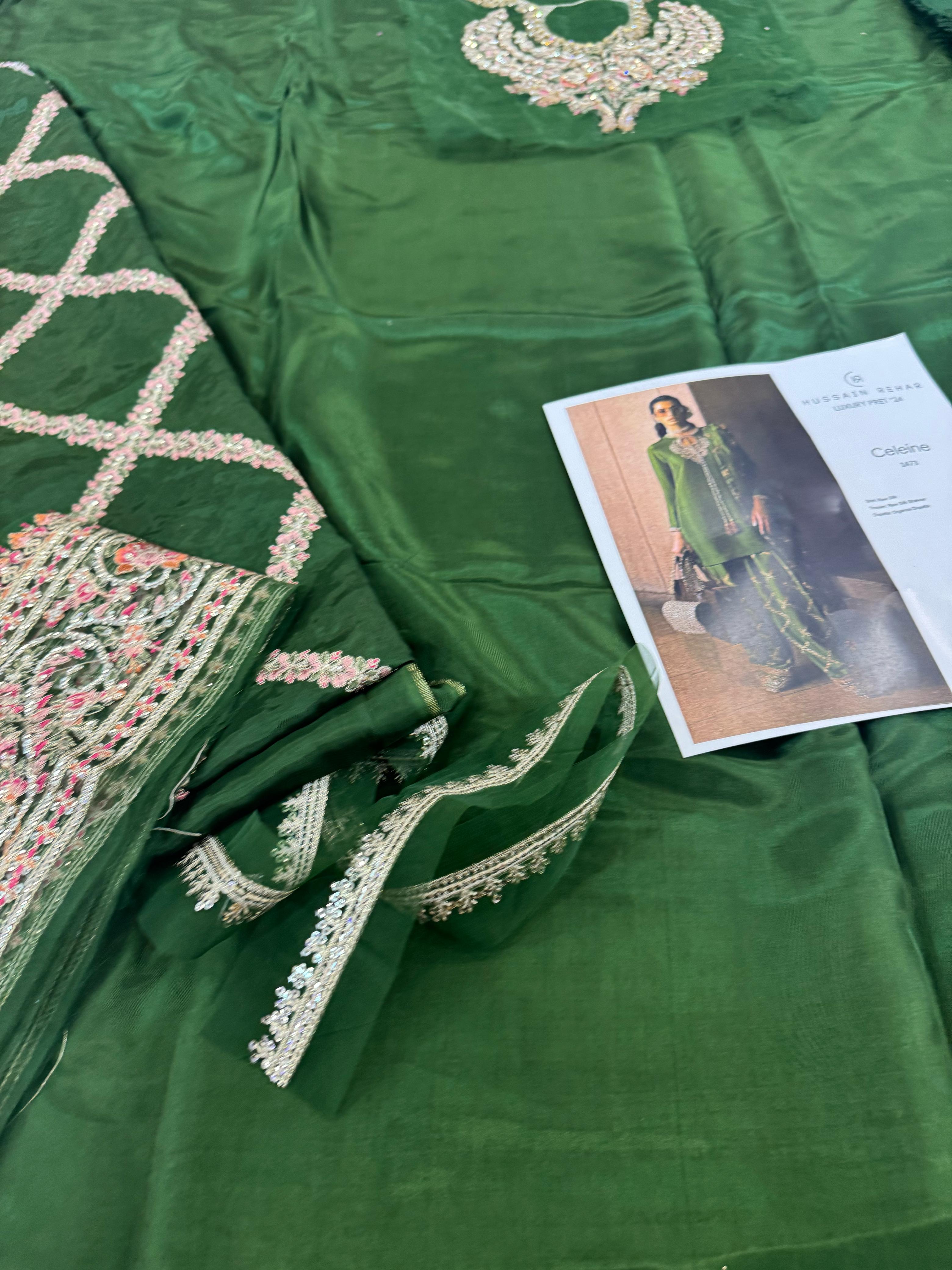 Hussain Rehar Wedding Edition – Olive Green Raw Silk Glamour