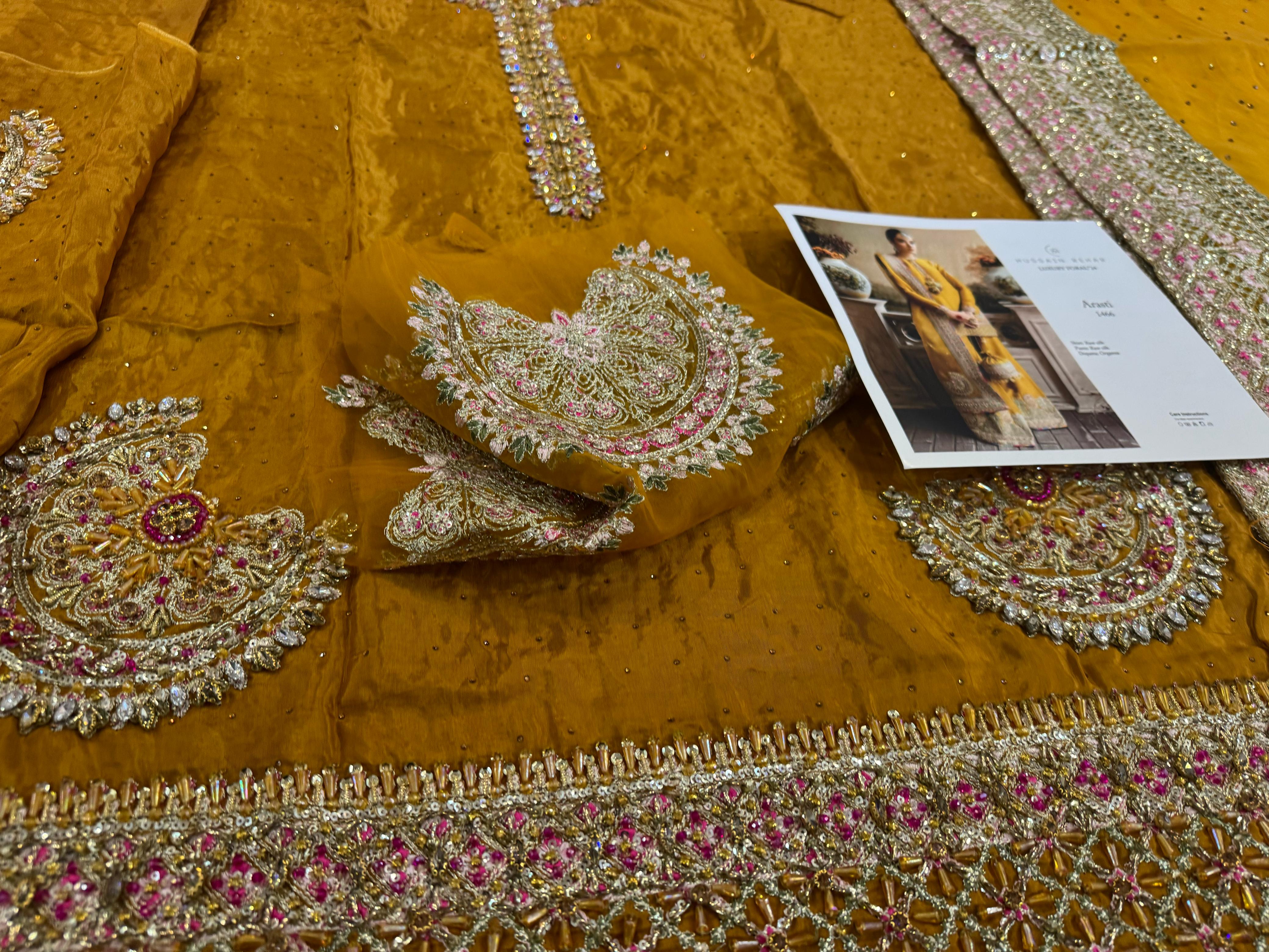 Hussain Rehar Luxury Mustard Gharara – A Timeless Wedding Elegance